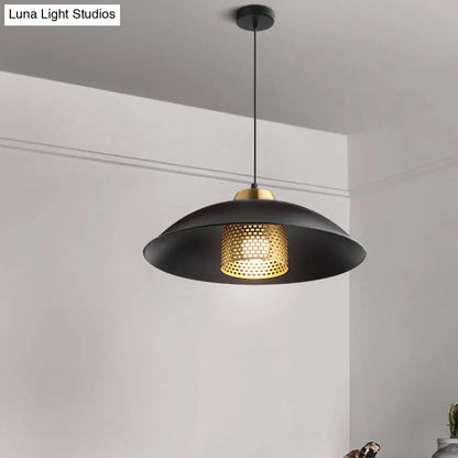 Factory Style Black Iron Ceiling Pendant Light with Brass Mesh Screen Inside - Shallow Bowl Head Design