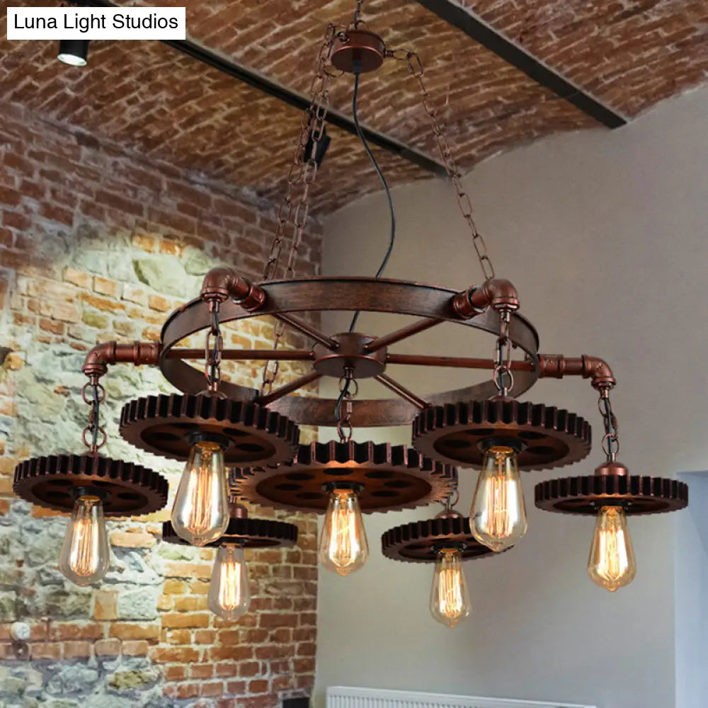 Factory Style Iron Suspension Chandelier with Bronze Finish & Gear Wheel Deco – Bare Bulb Lighting