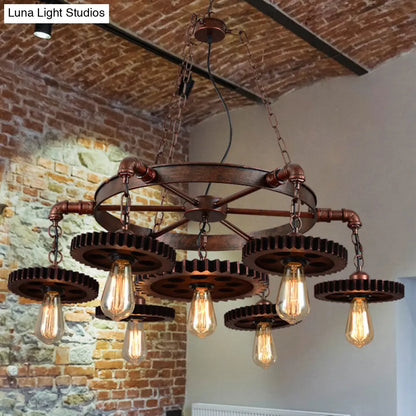 Factory Style Iron Suspension Chandelier with Bronze Finish & Gear Wheel Deco – Bare Bulb Lighting