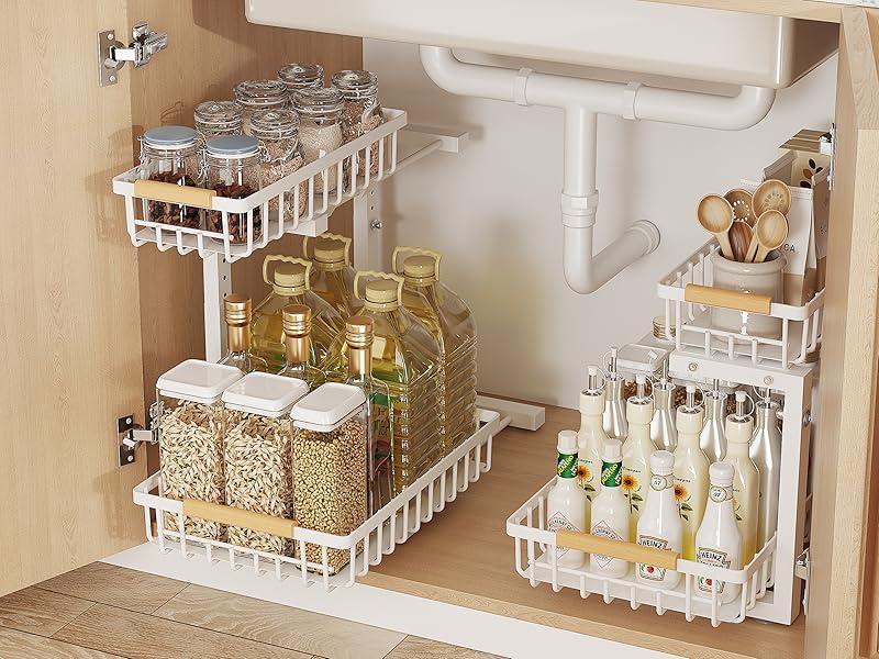 Organizador de Almacenamiento Bajo el Fregadero de Dos Niveles con Altura Ajustable en Metal para Cocina y Baño