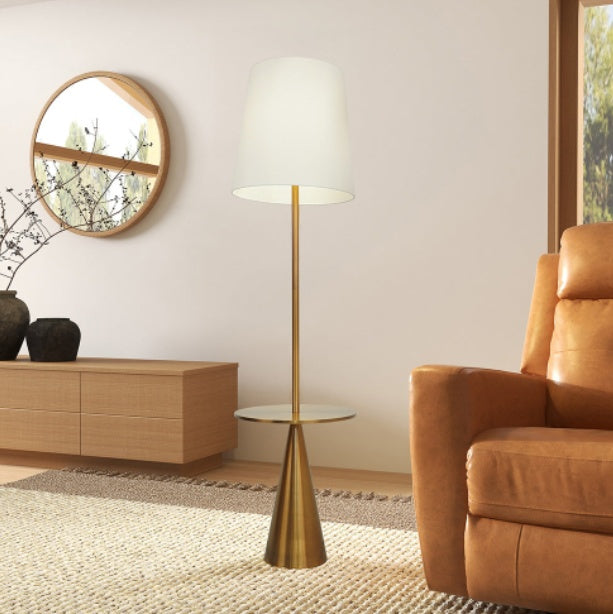 Celestial Modern Floor Lamp With Brass Accent Table With Large White Shade