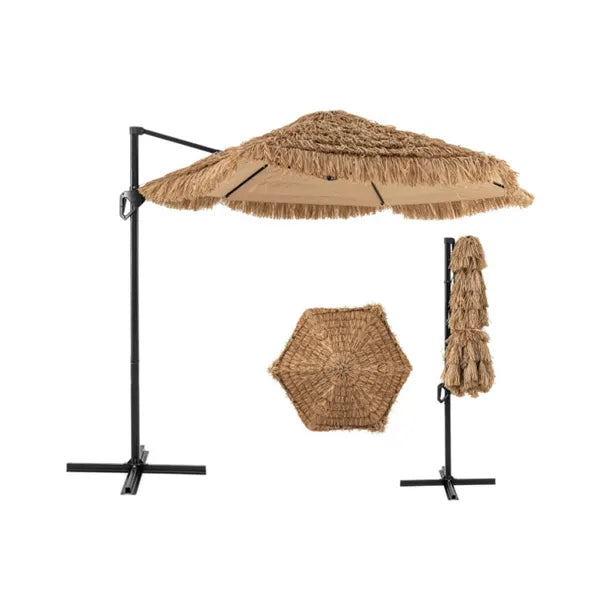 9.5ft Tropical-Style Outdoor Umbrella (Natural+Black) - 2-Tier Vented, Sun Protection, Backyard/Poolside Decor