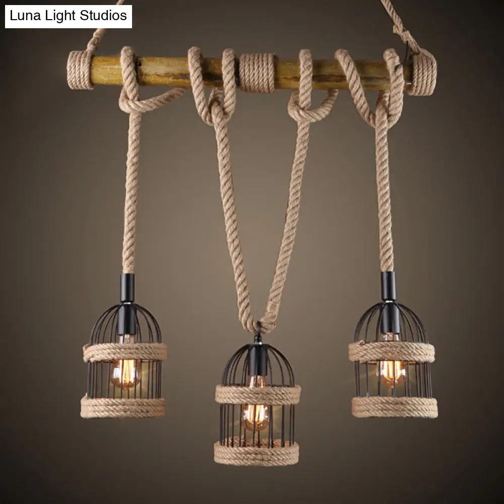DecorBites™ Farm Birdcage Island Lamp: 3-Light Metallic Hanging Ceiling Light with Jute Rope Cord