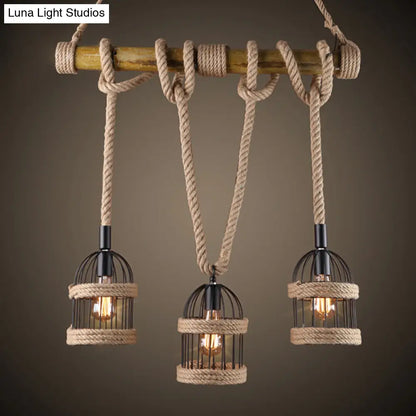 DecorBites™ Farm Birdcage Island Lamp: 3-Light Metallic Hanging Ceiling Light with Jute Rope Cord