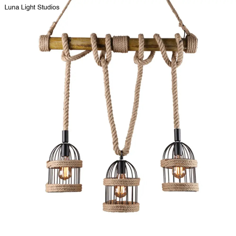 DecorBites™ Farm Birdcage Island Lamp: 3-Light Metallic Hanging Ceiling Light with Jute Rope Cord