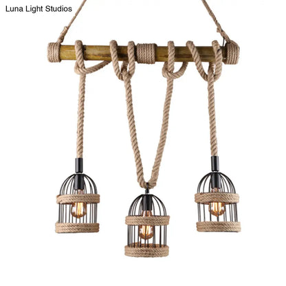 DecorBites™ Farm Birdcage Island Lamp: 3-Light Metallic Hanging Ceiling Light with Jute Rope Cord