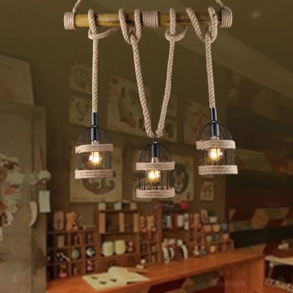DecorBites™ Farm Birdcage Island Lamp: 3-Light Metallic Hanging Ceiling Light with Jute Rope Cord