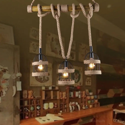 DecorBites™ Farm Birdcage Island Lamp: 3-Light Metallic Hanging Ceiling Light with Jute Rope Cord