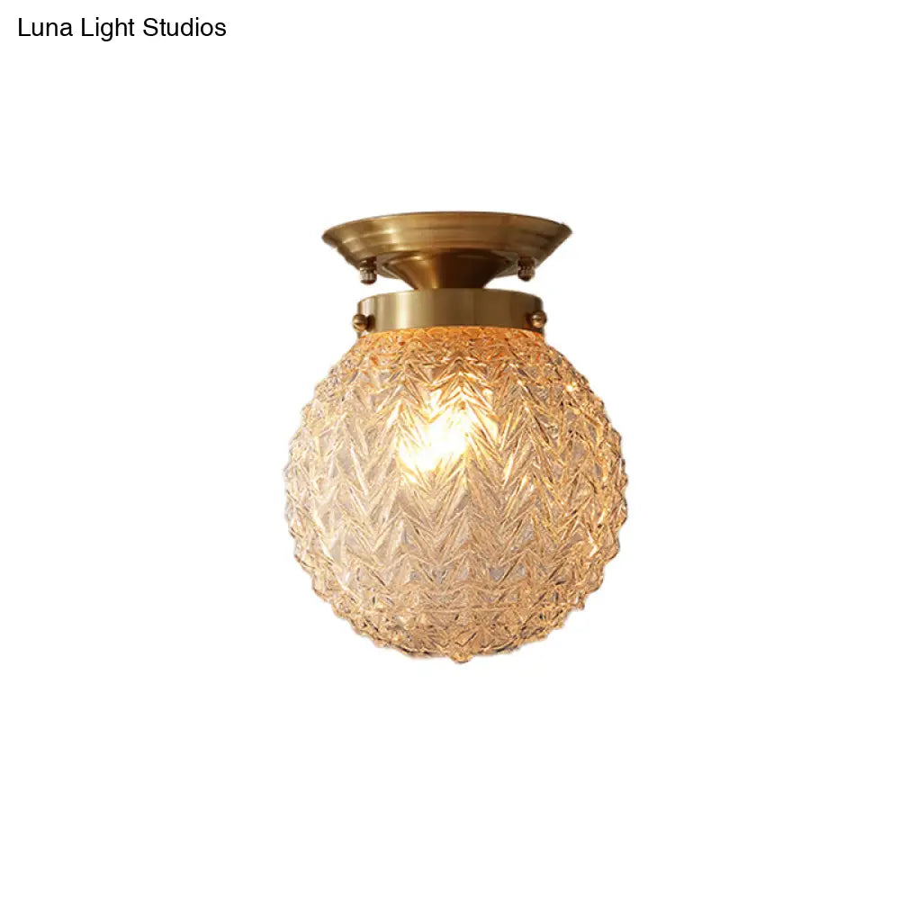 DecorBites™ DecorBites™ Farm Style Brass Flush Mount Foyer Ceiling Light with Carved Glass Sphere