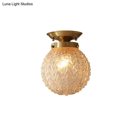 DecorBites™ DecorBites™ Farm Style Brass Flush Mount Foyer Ceiling Light with Carved Glass Sphere