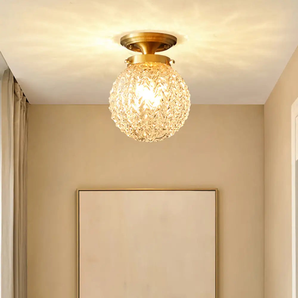 DecorBites™ DecorBites™ Farm Style Brass Flush Mount Foyer Ceiling Light with Carved Glass Sphere