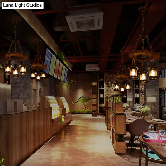 Farm Style Clear Glass Chandelier - Brown Lantern Pendant Light