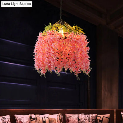 Farm style Pink Bird Cage Pendant Lighting Fixture for Restaurants - Iron Pendant Lamp with Flower Accent