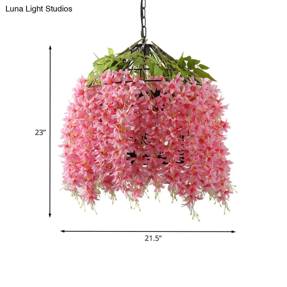 Farm style Pink Bird Cage Pendant Lighting Fixture for Restaurants - Iron Pendant Lamp with Flower Accent