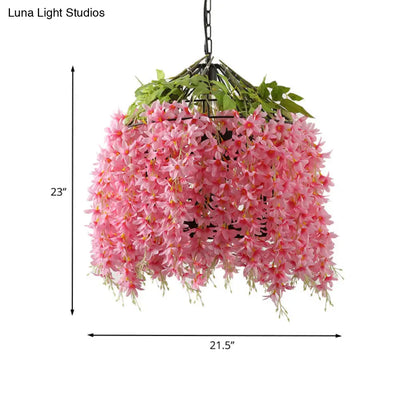 Farm style Pink Bird Cage Pendant Lighting Fixture for Restaurants - Iron Pendant Lamp with Flower Accent