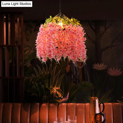 Farm style Pink Bird Cage Pendant Lighting Fixture for Restaurants - Iron Pendant Lamp with Flower Accent