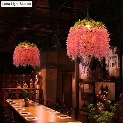 Farm style Pink Bird Cage Pendant Lighting Fixture for Restaurants - Iron Pendant Lamp with Flower Accent