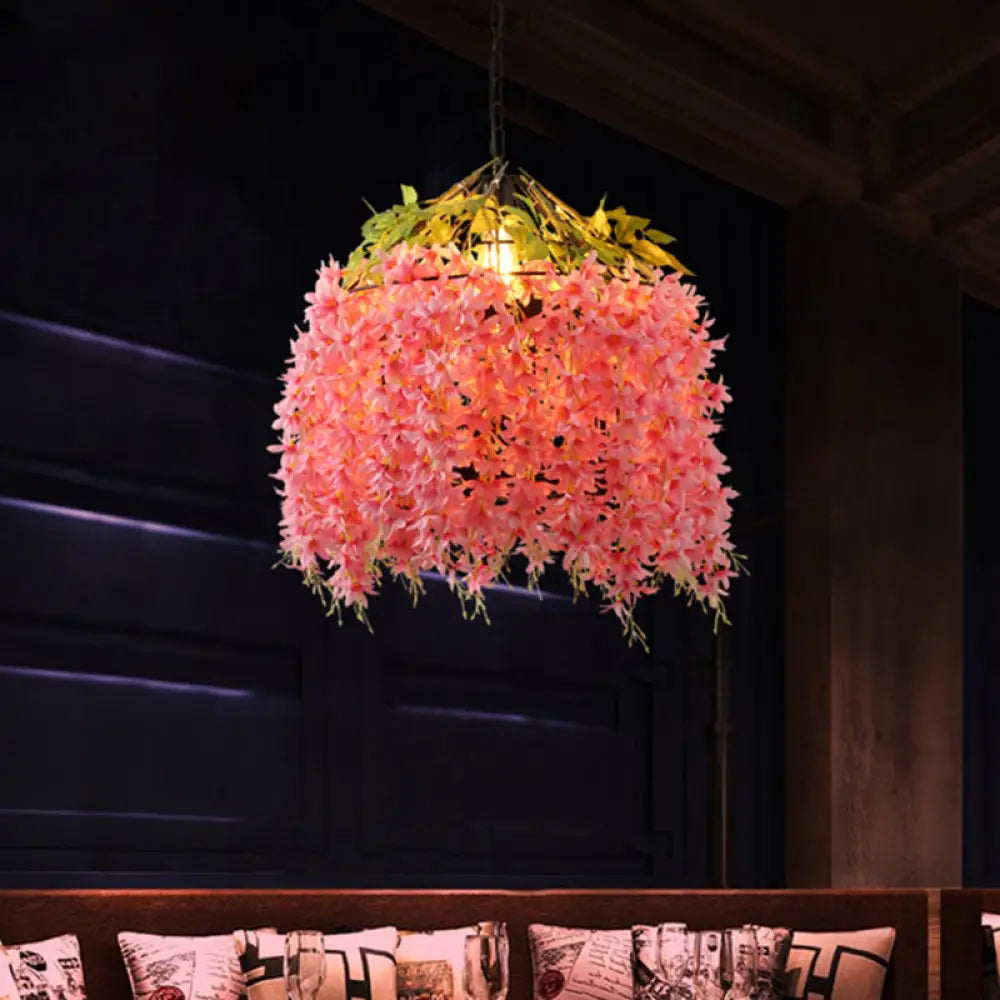 Farm style Pink Bird Cage Pendant Lighting Fixture for Restaurants - Iron Pendant Lamp with Flower Accent