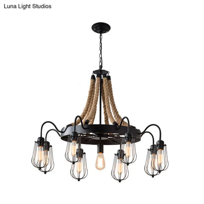 Farm Style Wheel Design Rope Chandelier with Bulb Cage - Black Metallic Pendant Light Fixture (9/13 Lights)