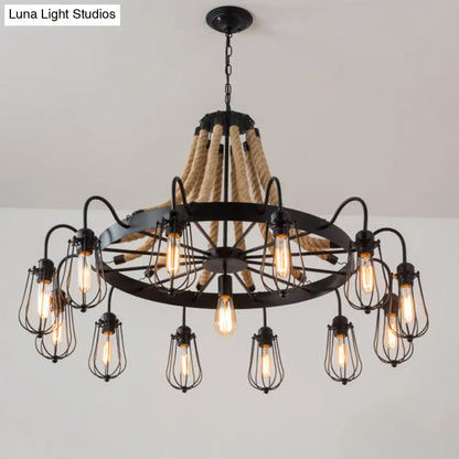 Farm Style Wheel Design Rope Chandelier with Bulb Cage - Black Metallic Pendant Light Fixture (9/13 Lights)