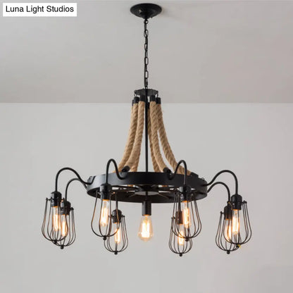 Farm Style Wheel Design Rope Chandelier with Bulb Cage - Black Metallic Pendant Light Fixture (9/13 Lights)