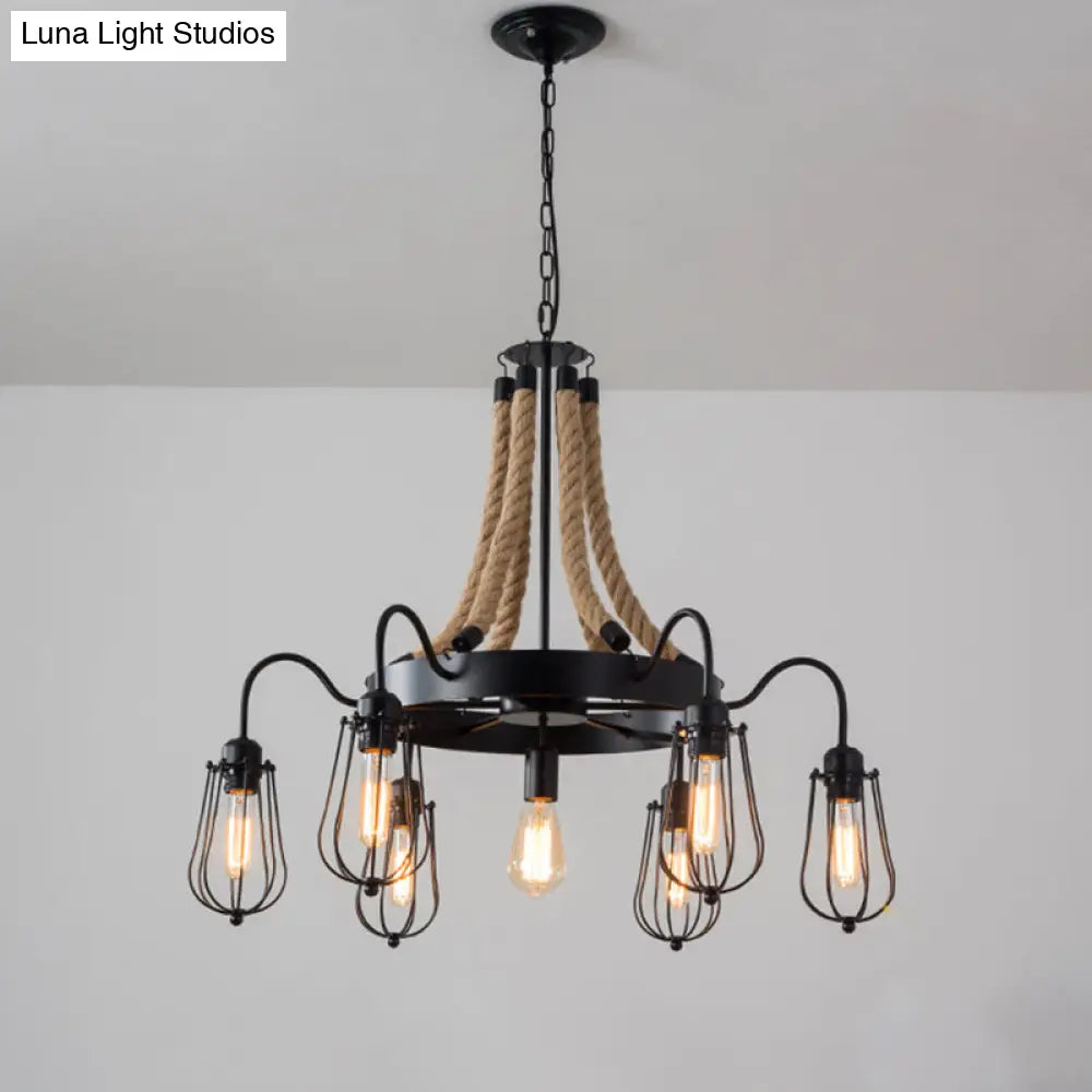 Farm Style Wheel Design Rope Chandelier with Bulb Cage - Black Metallic Pendant Light Fixture (9/13 Lights)