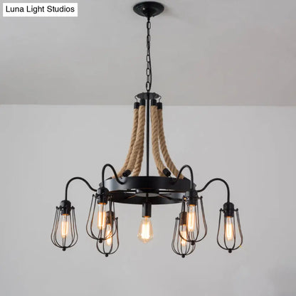 Farm Style Wheel Design Rope Chandelier with Bulb Cage - Black Metallic Pendant Light Fixture (9/13 Lights)