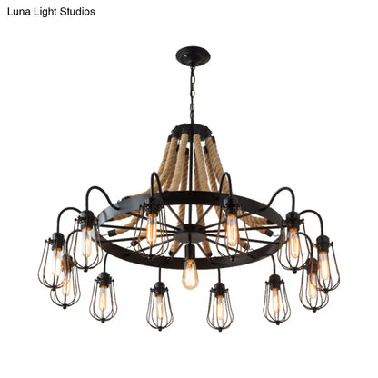 Farm Style Wheel Design Rope Chandelier with Bulb Cage - Black Metallic Pendant Light Fixture (9/13 Lights)