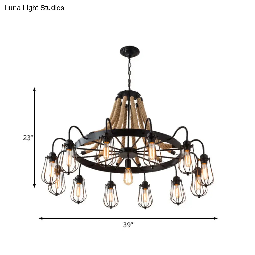 Farm Style Wheel Design Rope Chandelier with Bulb Cage - Black Metallic Pendant Light Fixture (9/13 Lights)