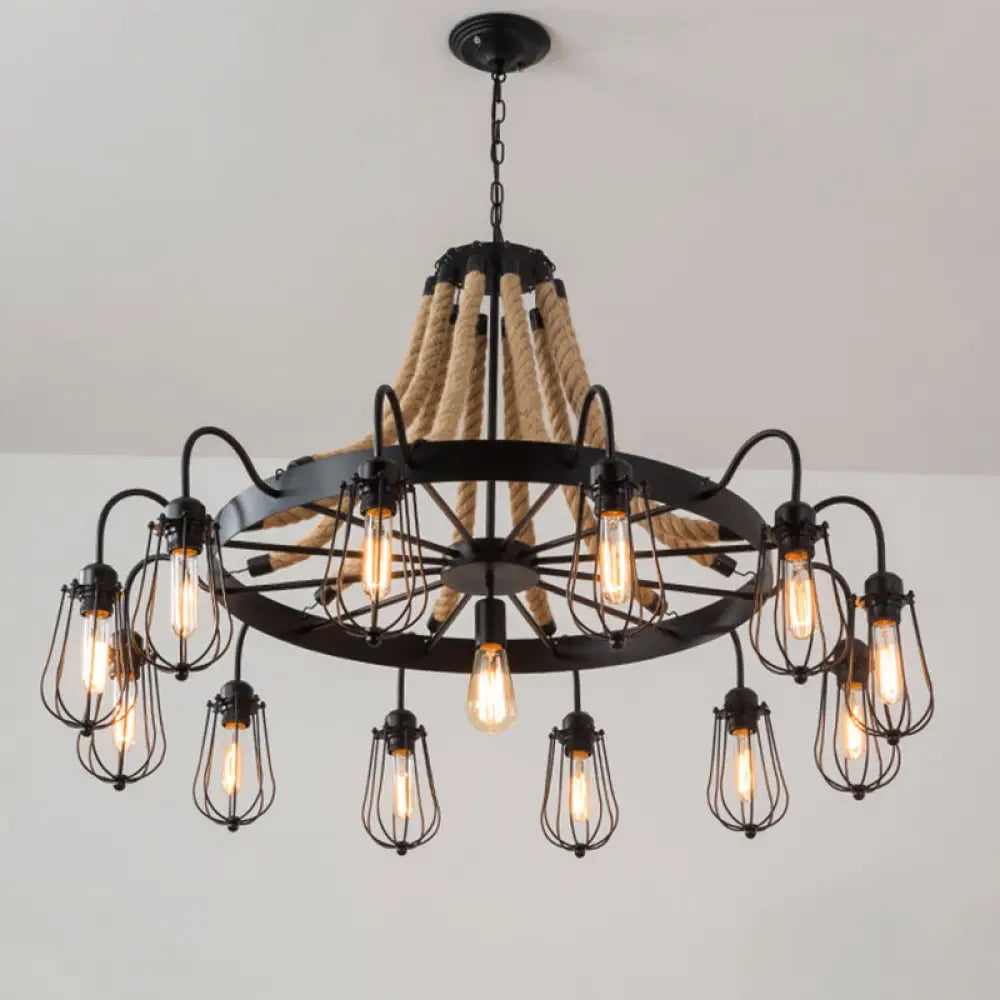 Farm Style Wheel Design Rope Chandelier with Bulb Cage - Black Metallic Pendant Light Fixture (9/13 Lights)