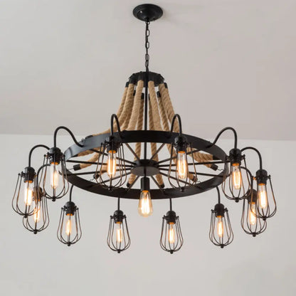 Farm Style Wheel Design Rope Chandelier with Bulb Cage - Black Metallic Pendant Light Fixture (9/13 Lights)