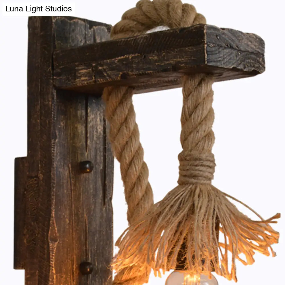 DecorBites™ Farm Style Wood Wall Mounted Lamp: Rustic Hanging Light in Brown with Rope Detail & 1 Bulb