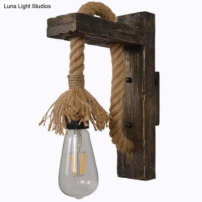 DecorBites™ Farm Style Wood Wall Mounted Lamp: Rustic Hanging Light in Brown with Rope Detail & 1 Bulb