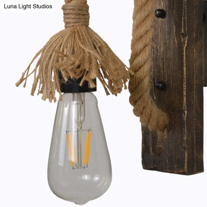 DecorBites™ Farm Style Wood Wall Mounted Lamp: Rustic Hanging Light in Brown with Rope Detail & 1 Bulb