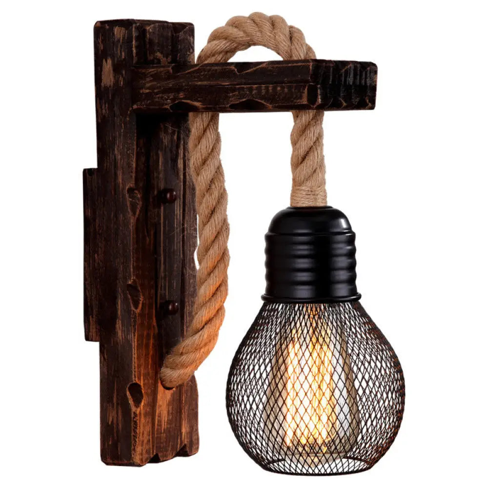 DecorBites™ Farm Style Wood Wall Mounted Lamp: Rustic Hanging Light in Brown with Rope Detail & 1 Bulb