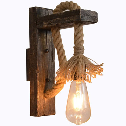 DecorBites™ Farm Style Wood Wall Mounted Lamp: Rustic Hanging Light in Brown with Rope Detail & 1 Bulb