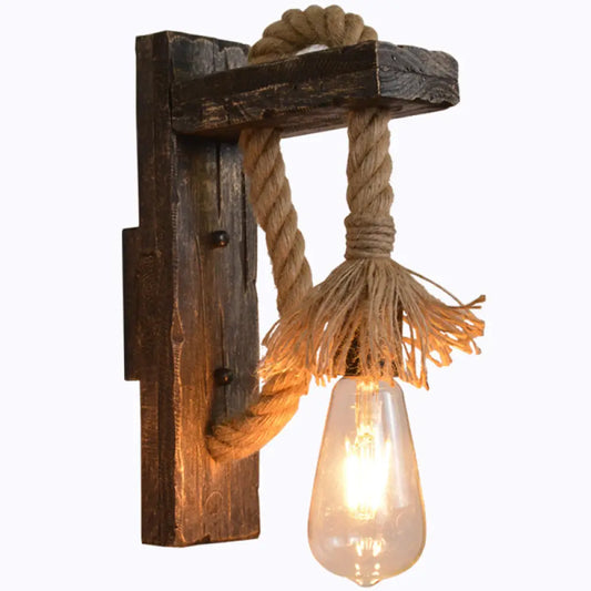 DecorBites™ Farm Style Wood Wall Mounted Lamp: Rustic Hanging Light in Brown with Rope Detail & 1 Bulb