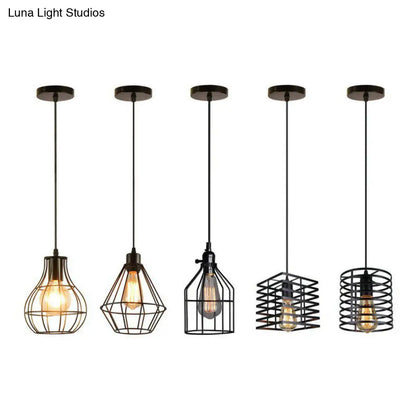 Farmhouse 1-Light Black Iron Cage Pendant Dining Room Lamp