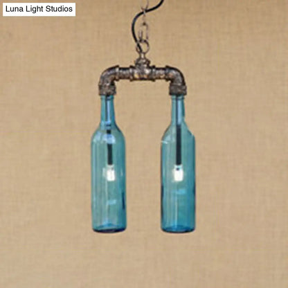 Farmhouse 2-Light Chandelier Pendant with Amber/Blue Glass Shades and Pipe Design