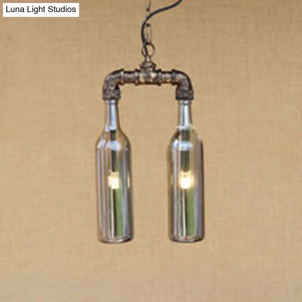 Farmhouse 2-Light Chandelier Pendant with Amber/Blue Glass Shades and Pipe Design