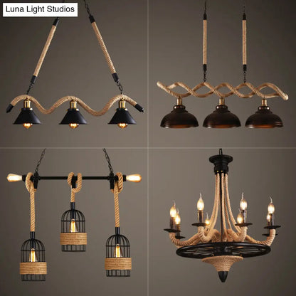 Farmhouse 3-Head Beige Geometry Pendant Light with Rope for Dining Room or Island