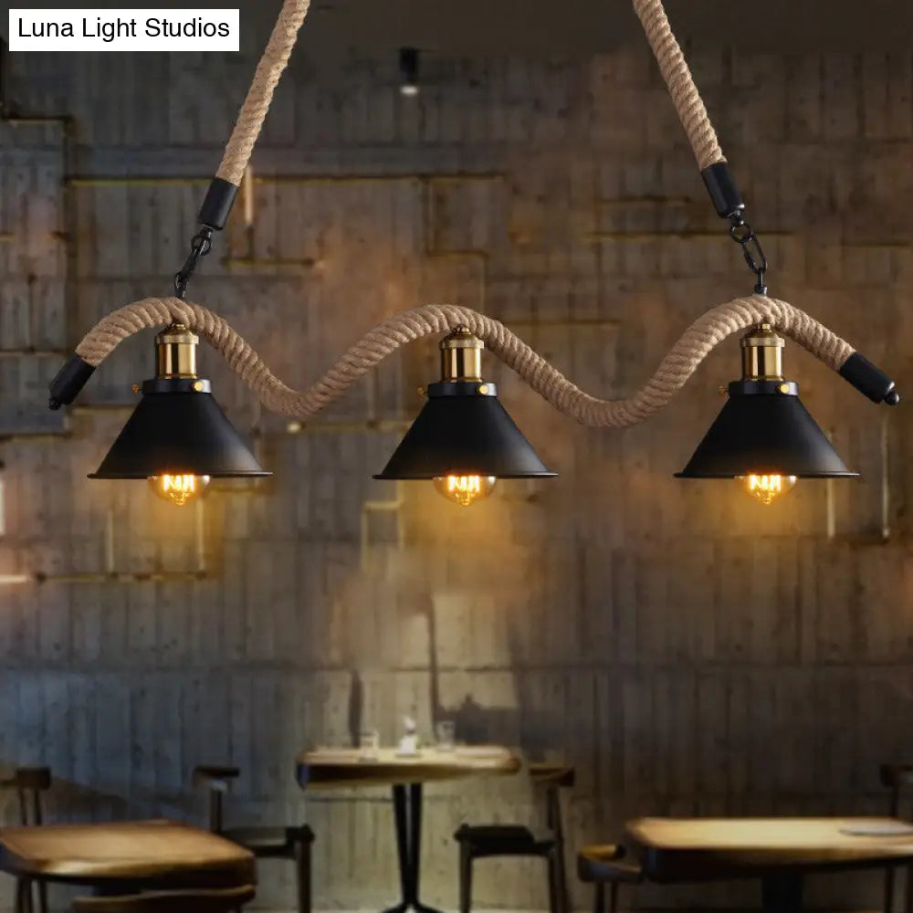 Farmhouse 3-Head Beige Geometry Pendant Light with Rope for Dining Room or Island