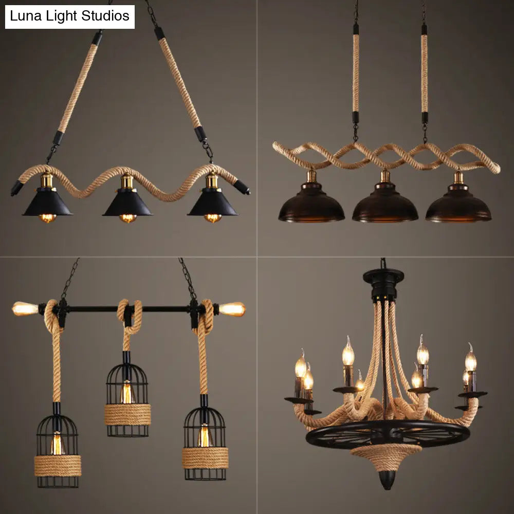 Farmhouse 3-Head Beige Geometry Pendant Light with Rope for Dining Room or Island