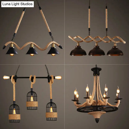 Farmhouse 3-Head Beige Geometry Pendant Light with Rope for Dining Room or Island