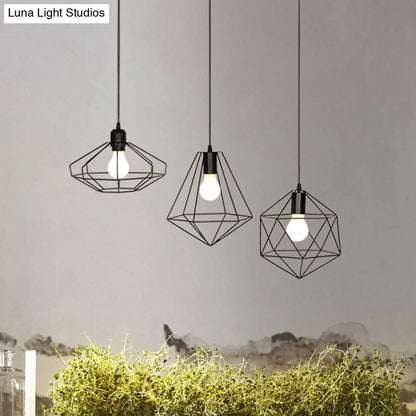 Farmhouse 3-Light Iron Pendant Ceiling Fixture with Black Wire Cage and Unique Shades