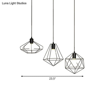 Farmhouse 3-Light Iron Pendant Ceiling Fixture with Black Wire Cage and Unique Shades