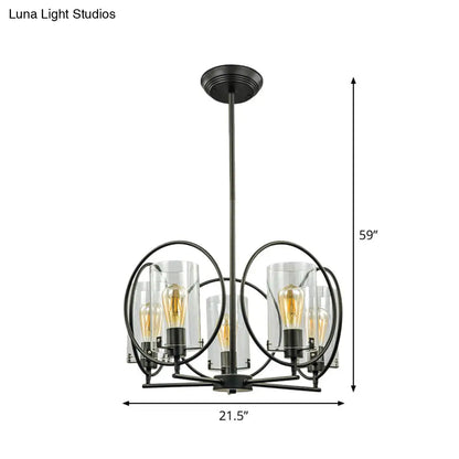 Farmhouse 5-Light Black Chandelier with Clear Glass Cylinder Shades and Hoop Design