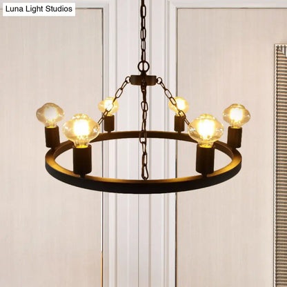 Farmhouse 6-Bulb Ring Chandelier Lamp in Black - Exposed Bulb Metallic Ceiling Lighting for Living Room