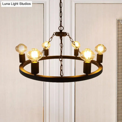 Farmhouse 6-Bulb Ring Chandelier Lamp in Black - Exposed Bulb Metallic Ceiling Lighting for Living Room