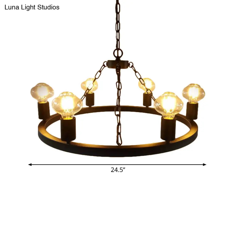 Farmhouse 6-Bulb Ring Chandelier Lamp in Black - Exposed Bulb Metallic Ceiling Lighting for Living Room